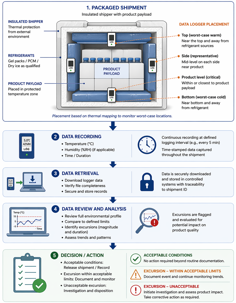 Diagram showing data logger inside a shipping container with data flowing to recording, analysis, and decision steps.