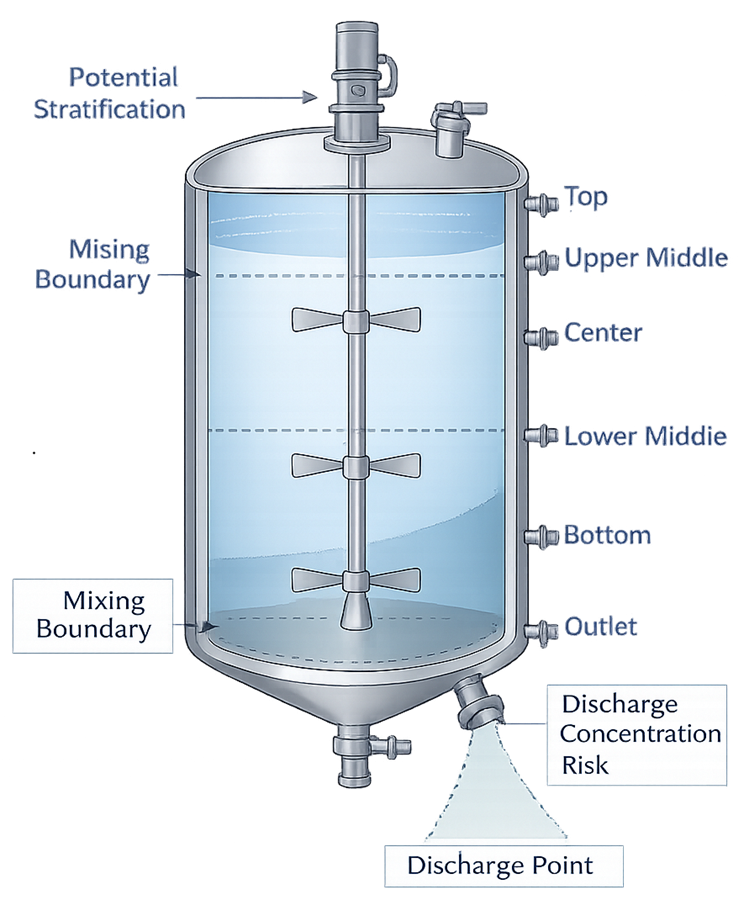 Diagram of a process tank showing sampling points at multiple vertical locations and outlet, selected based on equipment geometry and variability risk.