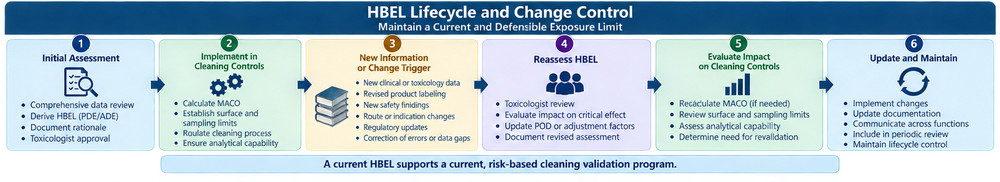 Health-based exposure limit lifecycle showing initial toxicological assessment, cleaning-limit implementation, new toxicological information, periodic review, change assessment, revised HBEL, and evaluation of cleaning-validation impact.