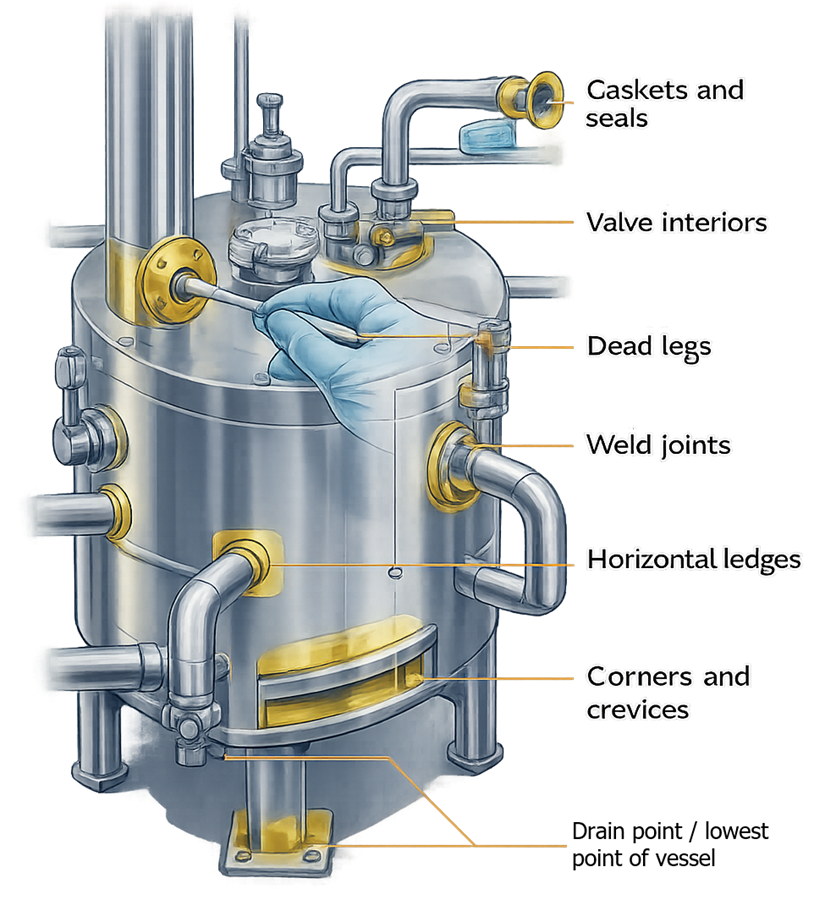 Diagram showing worst-case swab sampling locations on equipment including seals, valves, and crevices.