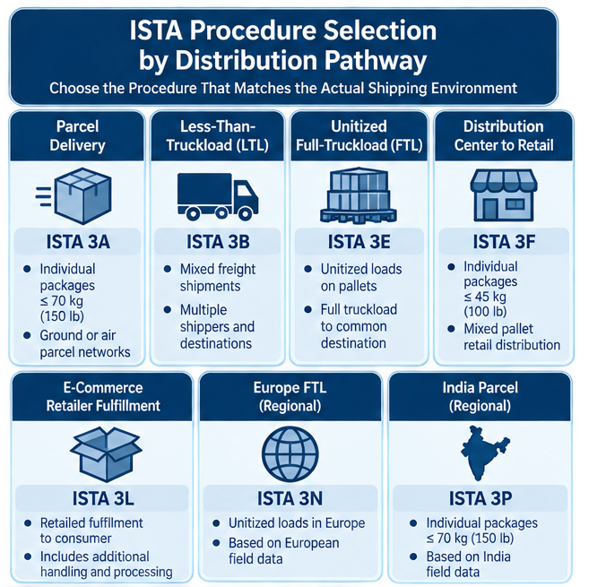 ISTA procedure selection diagram showing 3A for parcel delivery, 3B for less-than-truckload freight, 3E for unitized full-truckload shipment, 3F for distribution-center-to-retail, 3L for e-commerce fulfillment, and regional 3N and 3P applications.