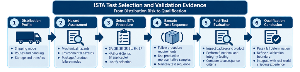ISTA test selection pathway showing distribution profile, packaged-product configuration, hazard assessment, ISTA procedure selection, controlled test sequence, post-test evaluation, and qualification conclusion.