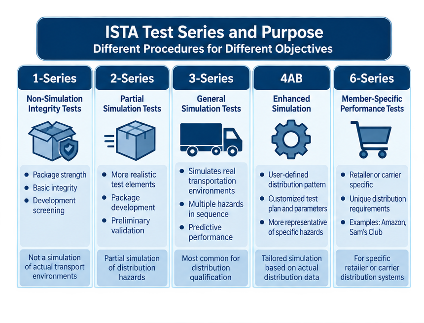 ISTA test series framework comparing 1-Series screening, 2-Series partial simulation, 3-Series general simulation, 4AB enhanced simulation, and 6-Series member-specific performance tests.