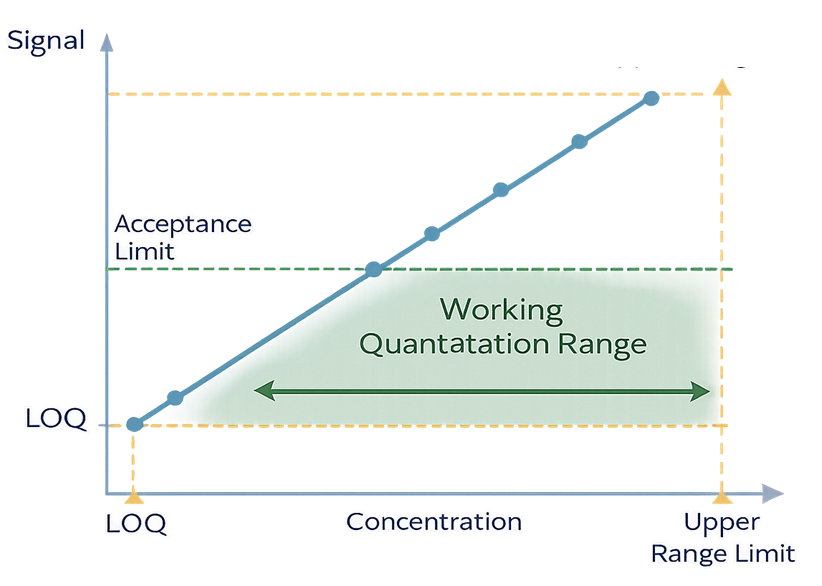 Graph showing linear calibration curve with LOQ as lower boundary and acceptance limit within the validated quantitation range.