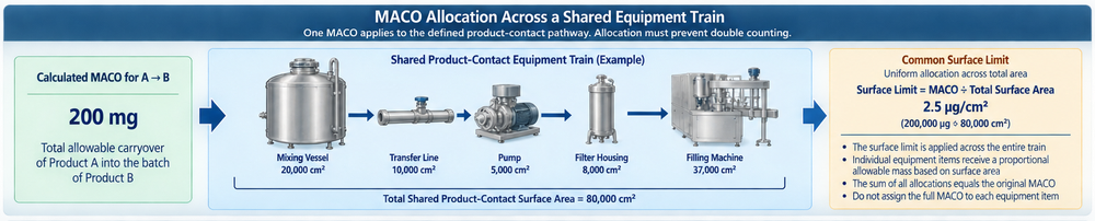 Cleaning validation MACO allocation showing allowable carryover distributed across a shared equipment train and converted into a common surface residue limit without double counting.