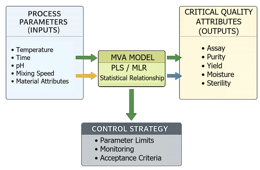 Diagram showing process parameters feeding into a multivariate model that predicts critical quality attributes and defines the control strategy.