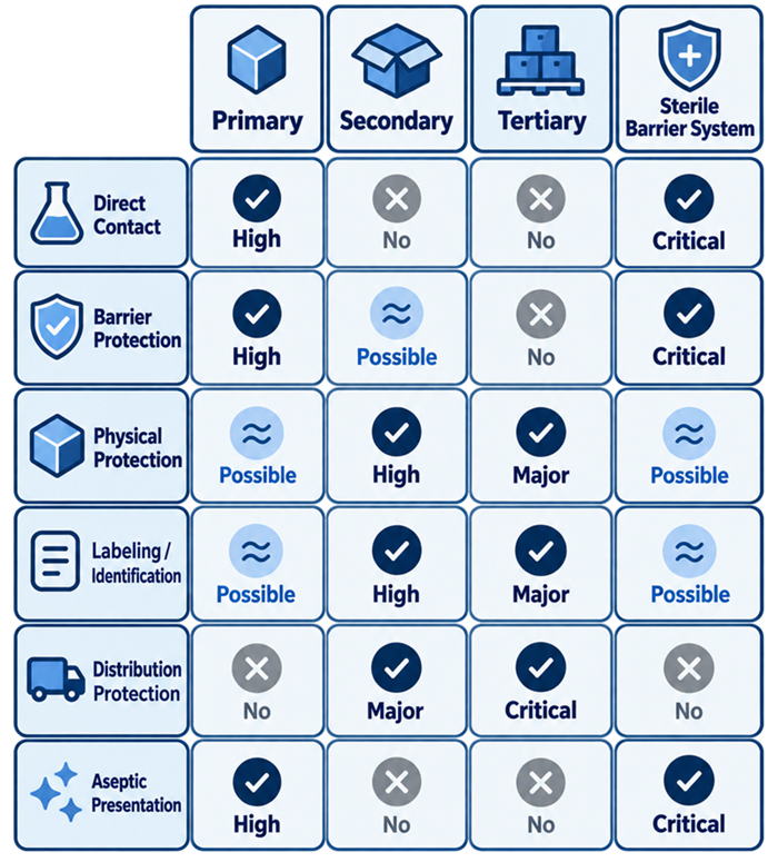 Matrix comparing primary, secondary, and tertiary packaging functions for product contact, barrier protection, physical protection, labeling, handling, and distribution.