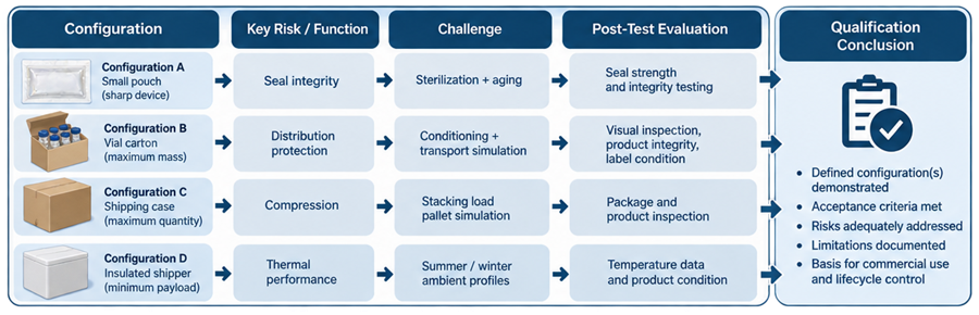 Packaging qualification test matrix showing selected worst-case configurations undergoing defined challenges and post-test evaluations to support the final qualification conclusion.