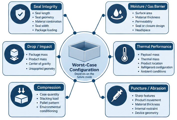 Packaging worst-case configuration diagram showing different failure modes for seal integrity, drop and impact, compression, moisture and gas barrier, thermal performance, and puncture or abrasion.