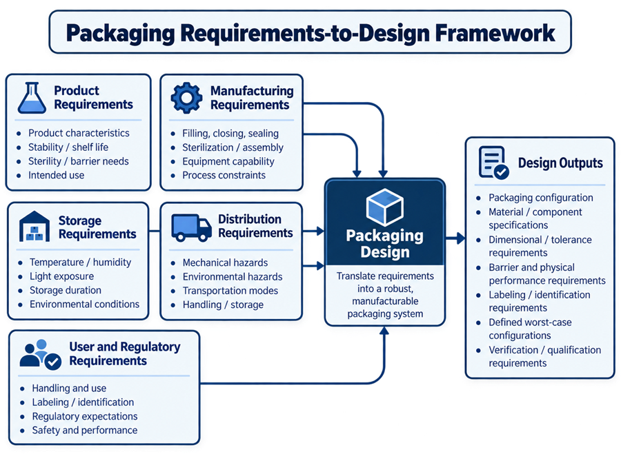 Packaging system design framework showing product, process, storage, distribution, and user requirements feeding packaging design outputs and qualification.
