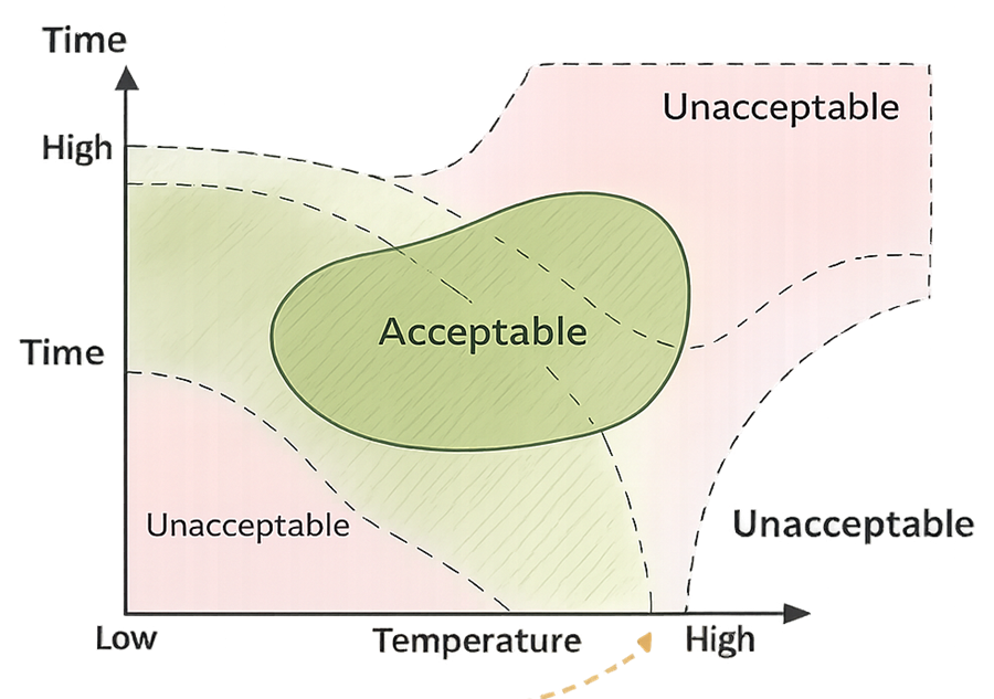 Contour-style diagram showing that different combinations of temperature and time can produce acceptable or unacceptable results due to interaction effects.