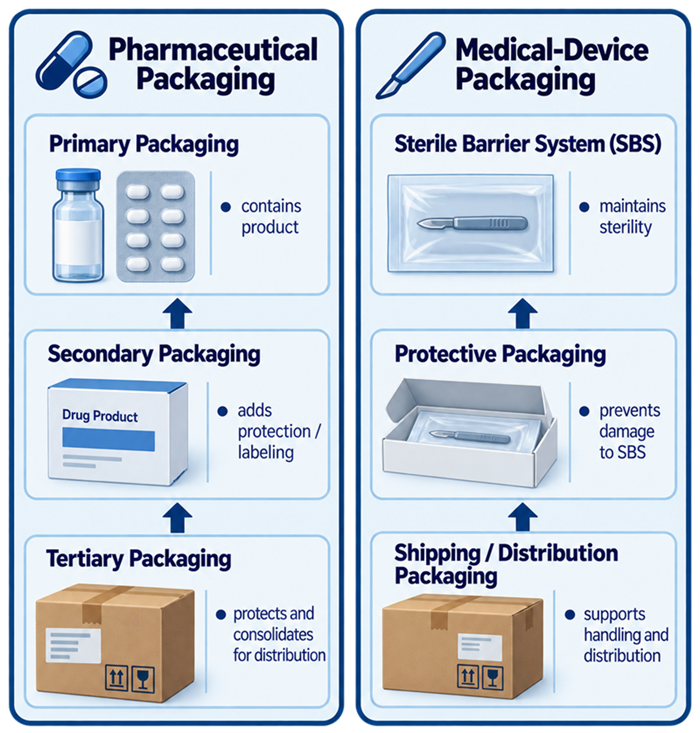 Comparison of pharmaceutical container-closure packaging and terminally sterilized medical-device packaging showing primary, secondary, tertiary, sterile barrier, and protective packaging relationships.