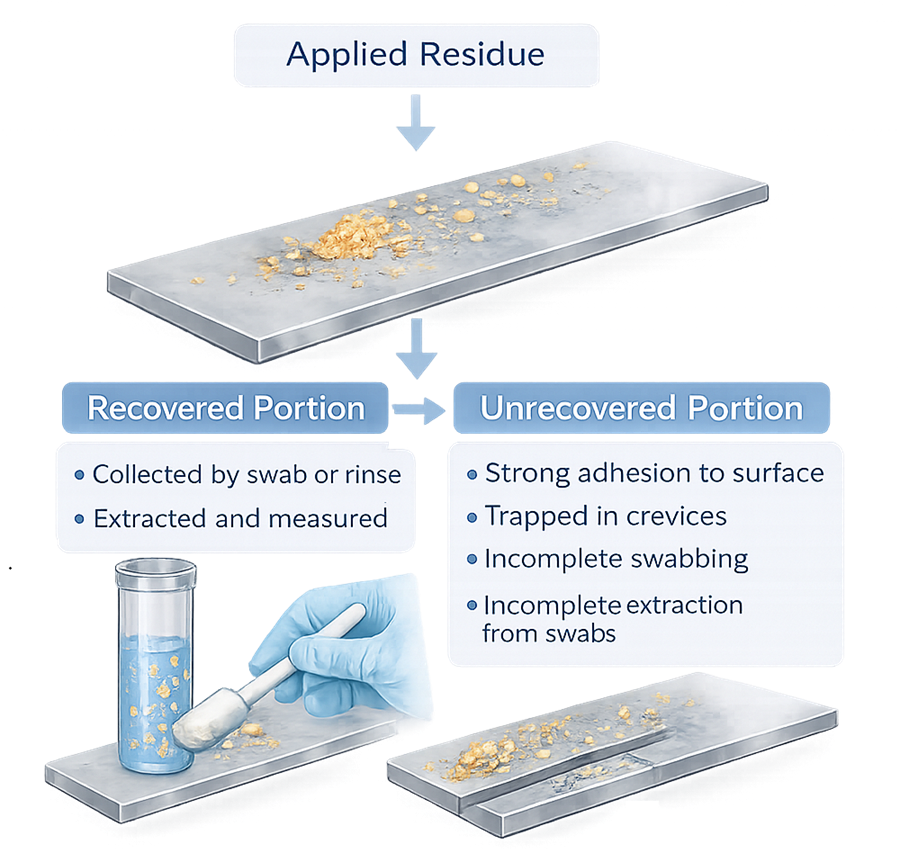 Diagram showing sources of recovery loss including surface adhesion, incomplete sampling, and extraction inefficiency.