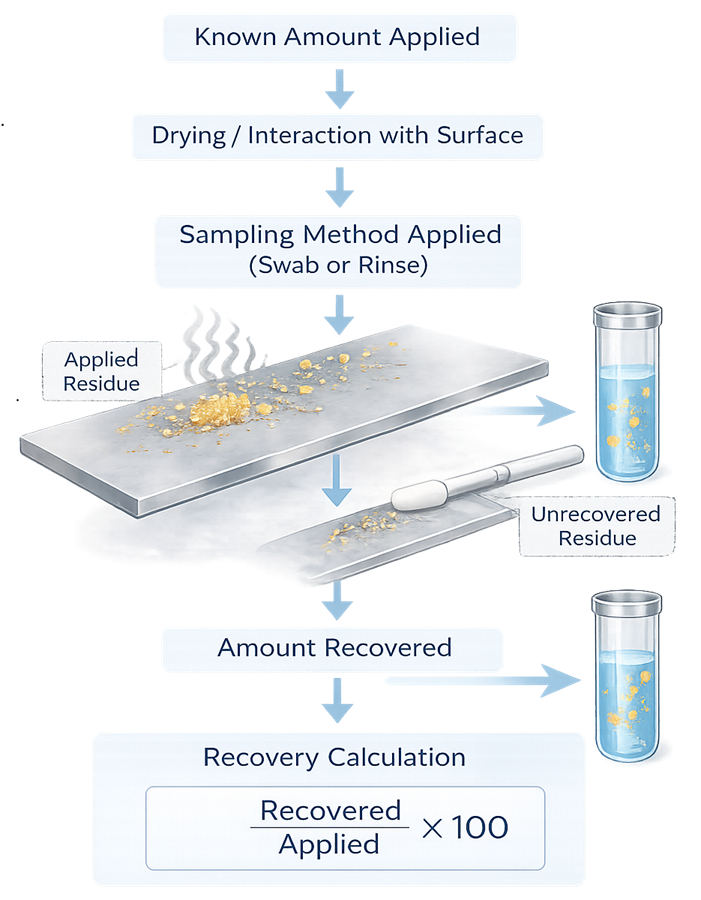 Diagram showing recovery study concept comparing applied residue to recovered amount and calculation of recovery percentage.