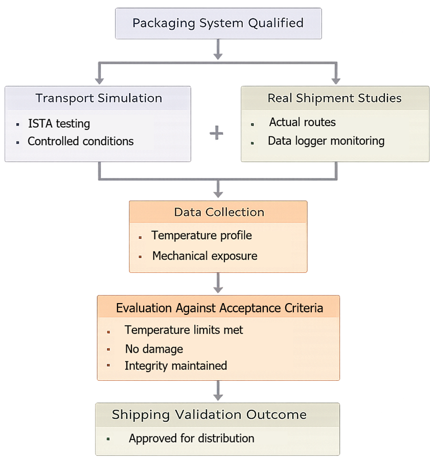 Flow diagram showing packaging qualification leading to simulation and real shipment testing, merging into evaluation and shipping validation outcome.