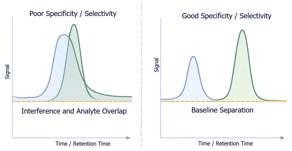Comparison chromatogram showing overlapping peaks with poor specificity and separated peaks with good specificity for analyte detection.