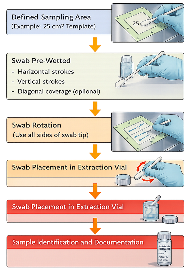 Diagram showing swab sampling technique including defined area, wiping pattern, and sample handling steps.