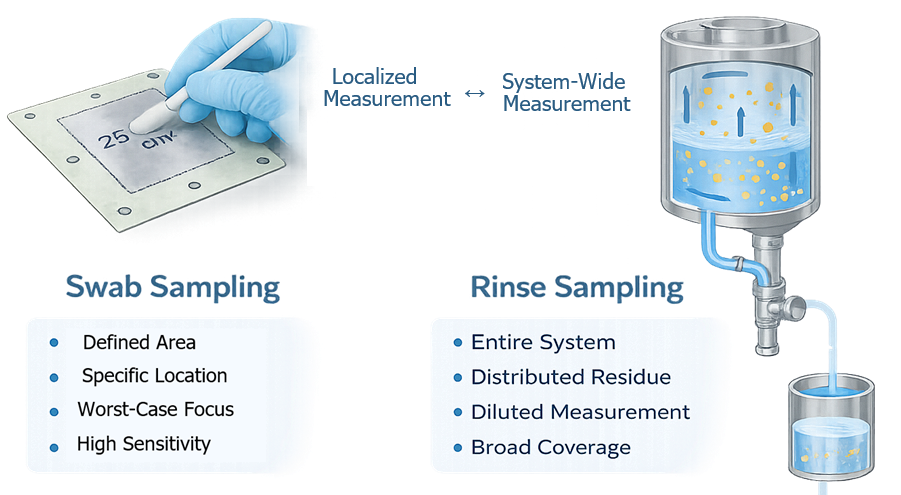Comparison diagram showing difference between swab sampling localized measurement and rinse sampling system-wide measurement.