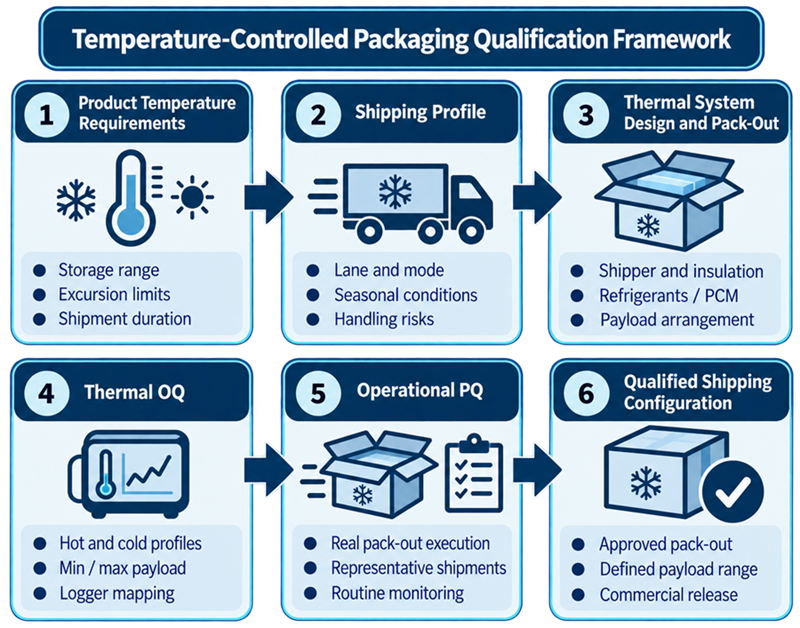 Temperature-controlled packaging qualification framework showing product temperature requirements, shipping profile, packaging design, thermal OQ, operational PQ, monitoring, and qualified shipping configuration.