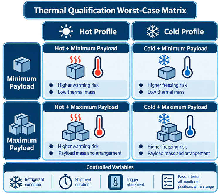 Temperature-controlled packaging OQ matrix showing hot and cold ambient profiles combined with minimum and maximum payloads, refrigerant conditioning, shipment duration, and temperature monitoring.
