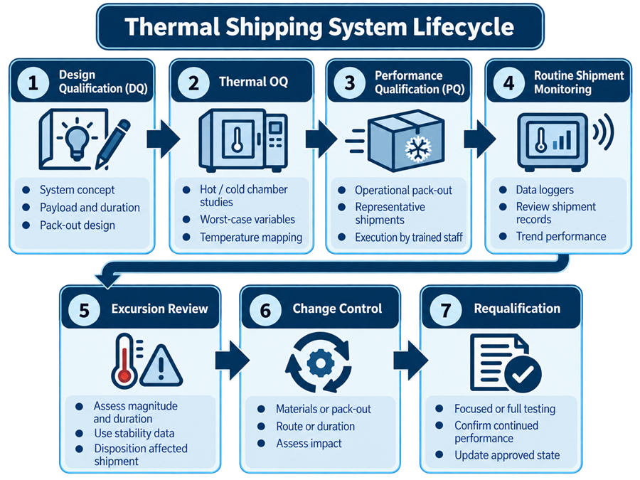 Temperature-controlled packaging lifecycle showing product requirements, design qualification, thermal OQ, performance qualification, routine shipment monitoring, excursion review, change control, and requalification.
