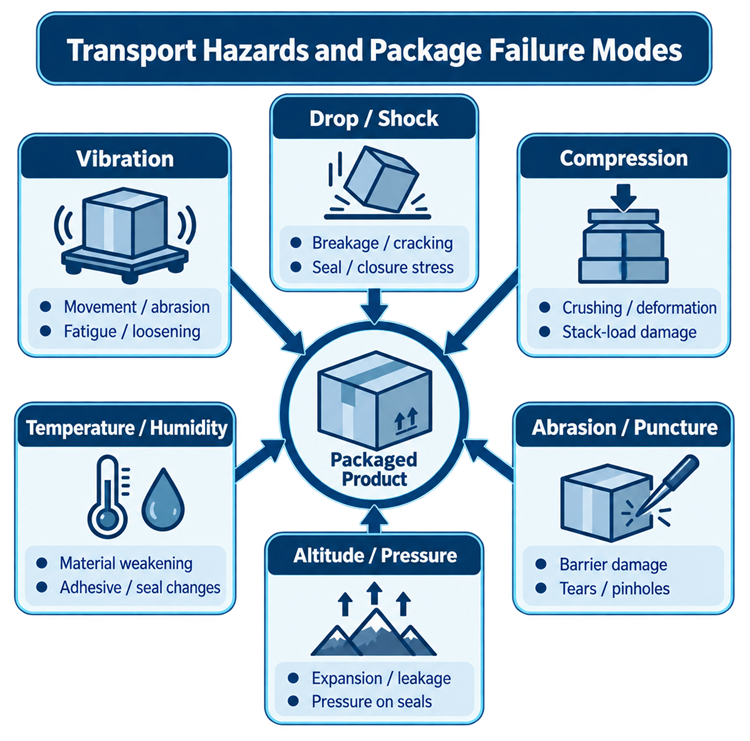 Transport hazards and package failure modes showing vibration, drop and shock, compression, temperature and humidity, altitude and pressure, and abrasion or puncture risks to packaged products.