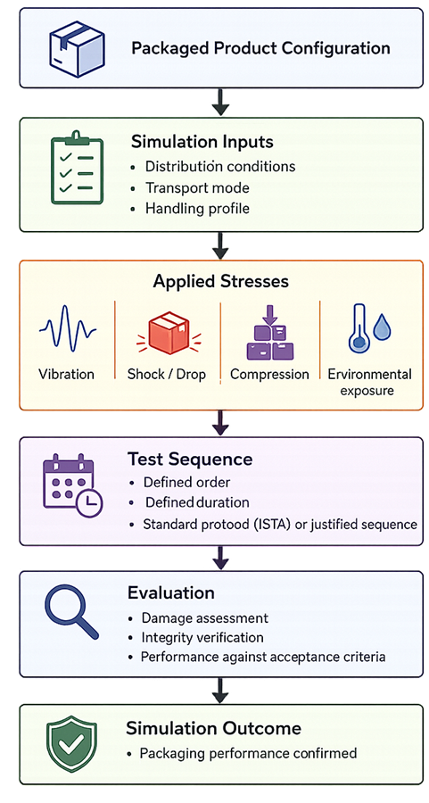 Flow diagram showing packaged product subjected to combined simulated stresses and evaluated against acceptance criteria.