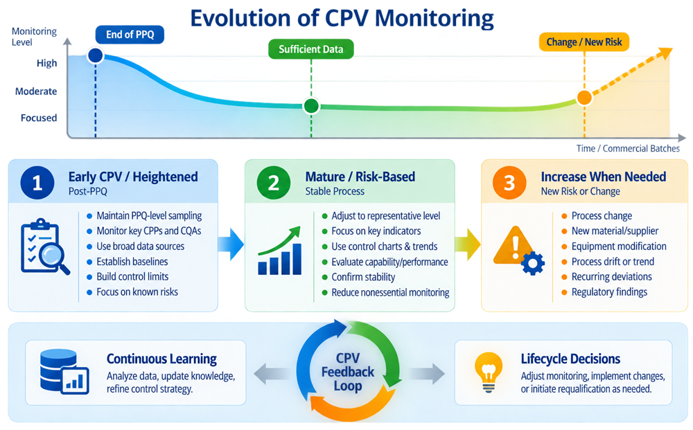 Evolution of Continued Process Verification monitoring from heightened PPQ and early CPV sampling to mature risk-based monitoring as process knowledge increases.