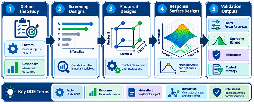 Design of Experiments workflow for pharmaceutical process characterization showing screening, factorial studies, response surfaces, and validation outputs