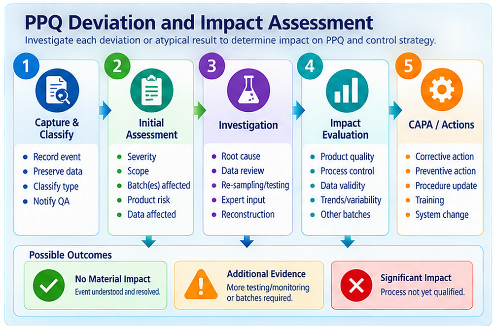 PPQ deviation and atypical-result assessment showing event capture, investigation, impact assessment, corrective action, and validation conclusion.