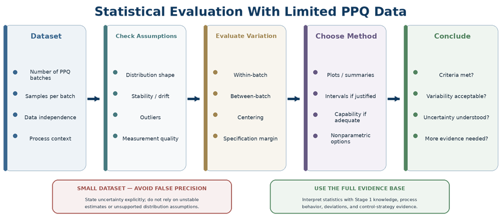 Statistical evaluation framework for limited PPQ datasets showing dataset structure, statistical assumptions, variability assessment, method selection, and validation conclusion