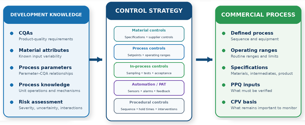 Stage 1 pharmaceutical process control strategy development showing development inputs, control elements, and commercial process outputs