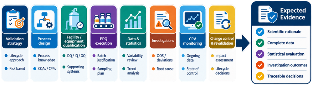 FDA inspection focus areas for pharmaceutical process validation including PPQ, statistical analysis, CPV, investigations, change control, and documentation