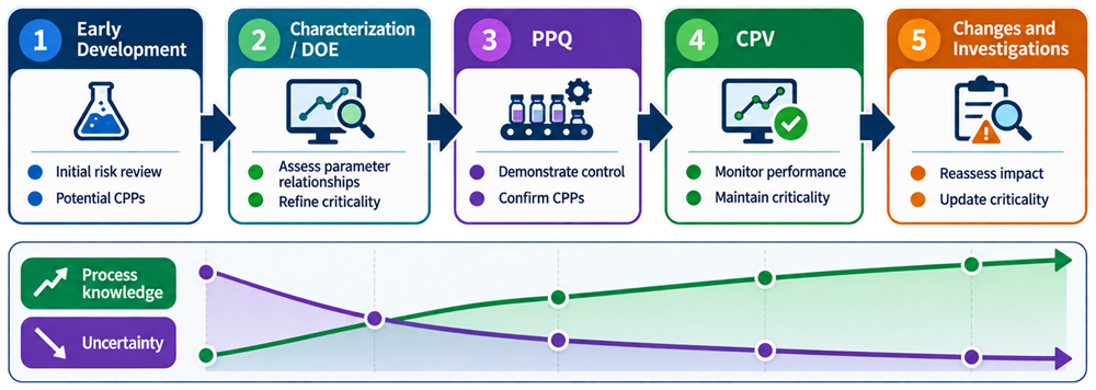 Lifecycle model showing CQA and CPP criticality assessment evolving as process knowledge increases from development through PPQ and Continued Process Verification
