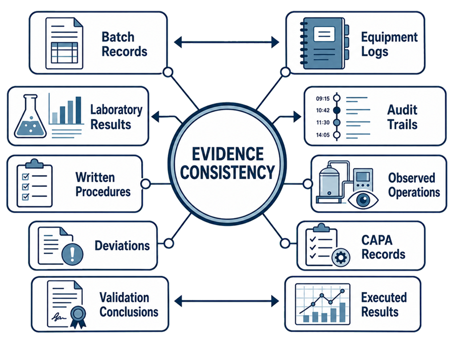 FDA inspection evidence comparison across records, procedures, operations, and executed results