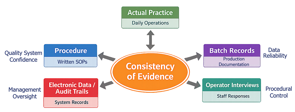 Diagram showing how FDA investigators compare procedures, actual practices, batch records, operator interviews, and electronic audit trail data to assess consistency of evidence, data reliability, procedural control, and confidence in the quality system