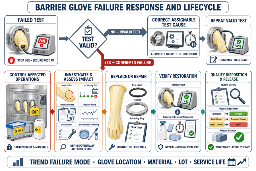 Barrier glove integrity failure workflow showing operation hold, test-validity assessment, confirmed failure investigation, product-impact assessment, replacement, retesting, bio-decontamination, and Quality release.