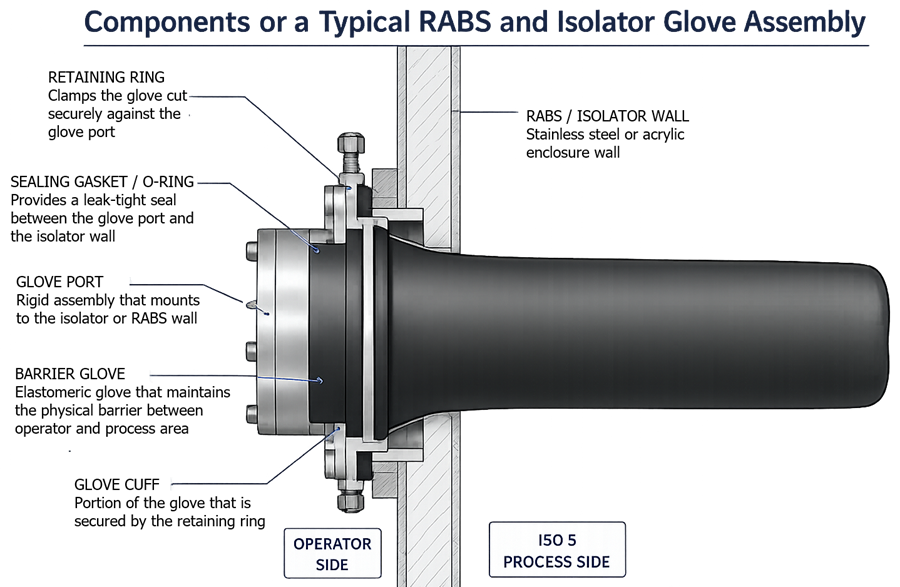 Cross-sectional diagram of a RABS and isolator glove assembly showing the glove, glove port, retaining ring, sealing gasket, and enclosure wall forming the sterile barrier.