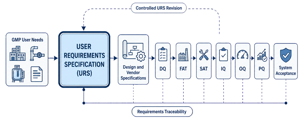 URS traceability from GMP user needs through design, DQ, FAT, SAT, IQ, OQ, PQ, and system acceptance