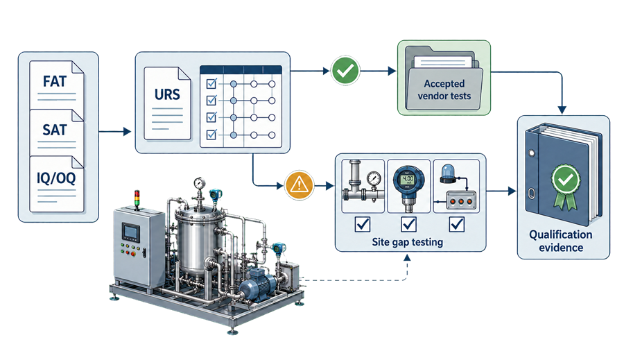 Vendor protocol workflow showing site review, gap assessment, supplemental testing, and incorporation into the final equipment qualification package.