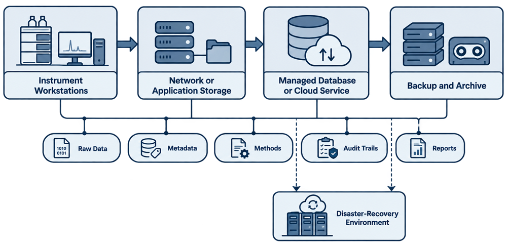 Analytical data storage architecture showing instrument workstations, network storage, databases or cloud services, backup and archive, disaster recovery, raw data, metadata, methods, audit trails, and reports.