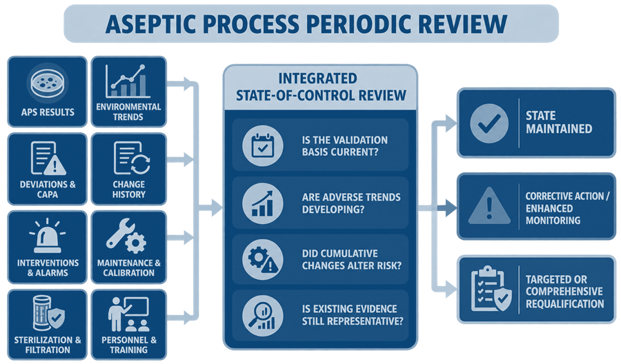 Aseptic-process periodic review integrating APS results, environmental trends, deviations, changes, interventions, maintenance, sterilization, filtration, and personnel evidence into requalification decisions.