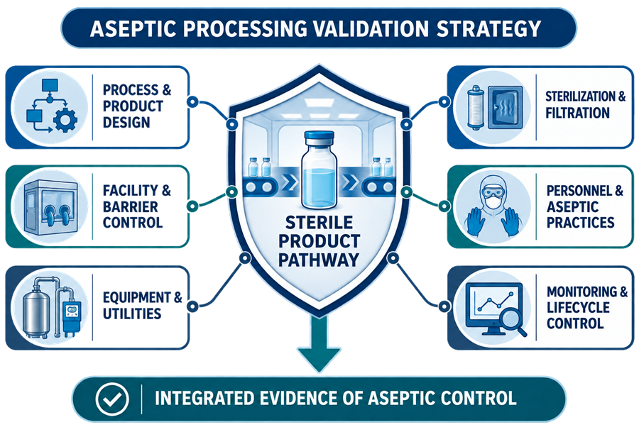 Aseptic processing validation strategy organized around the sterile product pathway, integrating process design, facility and barrier control, equipment and utilities, sterilization and filtration, personnel practices, and lifecycle monitoring.