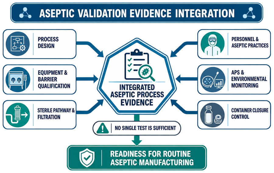 Aseptic validation evidence integration showing process design, equipment and barrier qualification, sterile-pathway and filtration validation, personnel practices, APS, environmental monitoring, and container closure control converging into manufacturing readiness.