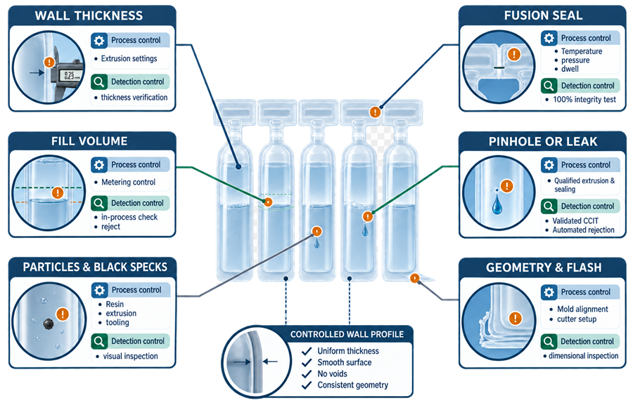Blow-Fill-Seal container defect-control map showing wall thickness, fusion seal, fill volume, pinhole, particle, and geometry risks with process and detection controls.