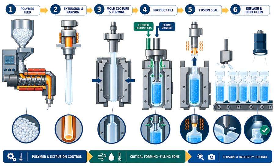 Integrated Blow-Fill-Seal process showing polymer feed, parison extrusion, mold closure and forming, product filling, fusion sealing, deflashing, and inspection.