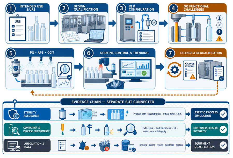 Blow-Fill-Seal qualification lifecycle from intended use and design qualification through IQ, OQ, PQ, aseptic process simulation, CCIT, routine trending, and requalification.