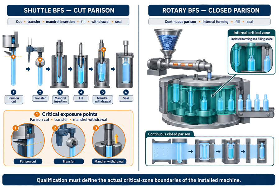 Comparison of shuttle cut-parison and rotary closed-parison Blow-Fill-Seal systems showing different critical exposure points and critical-zone boundaries