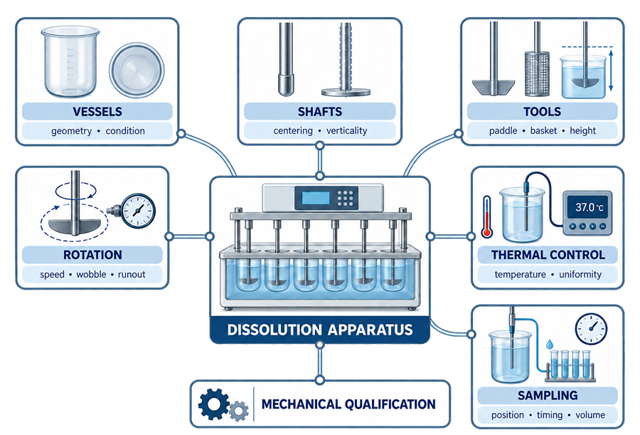 Dissolution apparatus mechanical qualification map covering vessels, shaft centering and verticality, paddle and basket dimensions and height, rotational speed and wobble, temperature uniformity, and sampling position and timing.