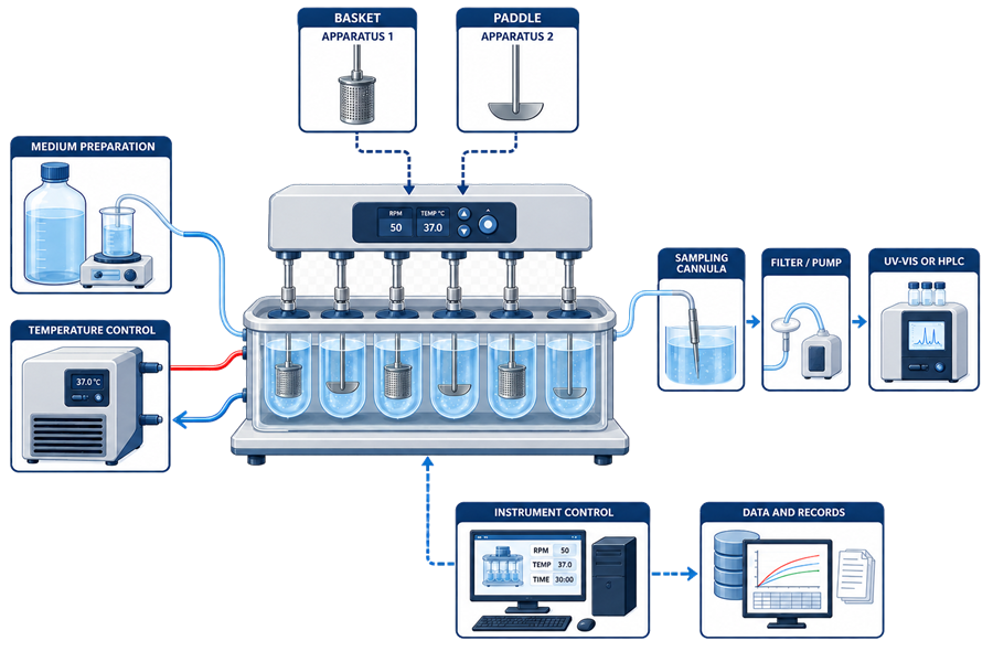 Dissolution apparatus architecture showing medium preparation, temperature control, USP basket and paddle tools, six-vessel apparatus, sampling cannula, filtration, UV-Vis or HPLC analysis, instrument control, and electronic records.